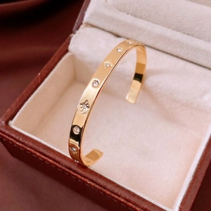 18K Gold Plated Copper Open Bangle Bracelet For Women With Zircon Star Engraving Vintage Minimalist Adjustable C Shape Jewelry