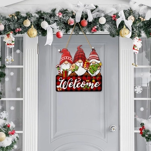 Christmas gnome door sign with Welcome message and red plaid design for holiday decor