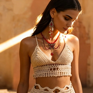Detail of red beaded fringe earrings and butterfly pendant necklace on a model