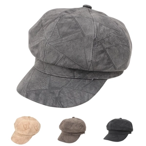 Newsboy Cap Women Suede PU Leather Geometric Pattern Octagonal Hat British Retro Painter Hat Versatile