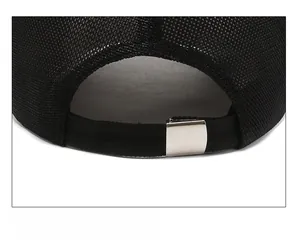 Detail of breathable mesh baseball cap with adjustable metal buckle on black strap