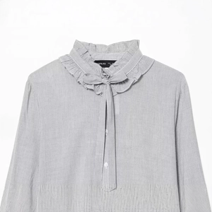 Women's vertical stripe blouse featuring ruffled stand collar and elegant bow tie neck