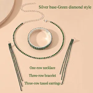Detailed set of silver finish green rhinestone choker necklace, wide bracelet and earrings