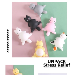 Detailed view of colorful soft silicone cat squishy stress relief toys in various patterns