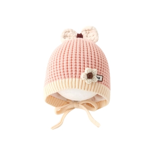 Pink and beige knitted baby winter hat with flower detail and ear flaps for warmth