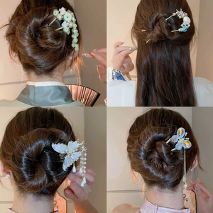 Vintage Chinesischer Schmetterling Quaste Haarstab Legierung Imitation Künstliche Perle Strass U-Förmige Gabel Für Frauen Hanfu Zubehör