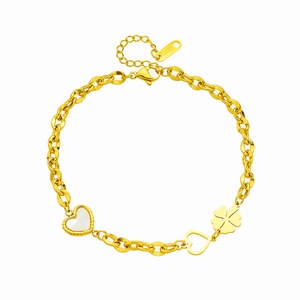 Golden stainless steel chain bracelet with white heart and clover charms on white background