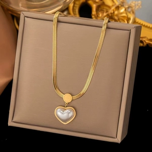Elegant gold snake chain necklace featuring a white pearl heart pendant for women