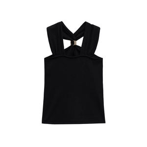Sexy black ribbed knit tank top for women with crossover back straps and gold ring detail