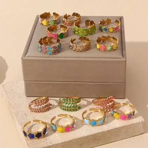 Colorful enamel star and leaf rings in 18k gold plating for stylish mix and match looks