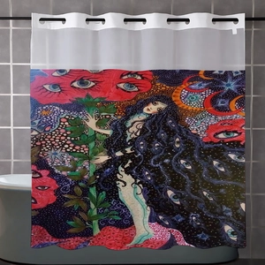 Detail view of the waterproof fabric and artistic illustration on this bathroom shower curtain