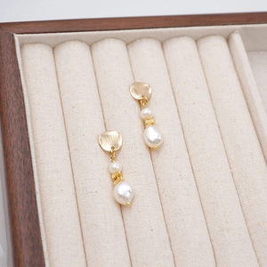 Baroque Freshwater Pearl Drop Earrings For Women Vintage Gold Brushed Disk Geometric Dangle Earrings Handmade Jewelry Gift