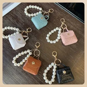 Mini Bag Keychain Crocodile Pattern PU Leather With Artificial Pearl Strap Fashion Handbag Charm For Women Girls Accessory