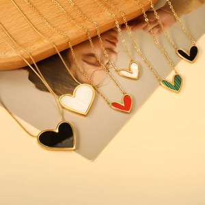 Fashion heart pendant necklaces with colorful shell inlays on golden stainless steel chains