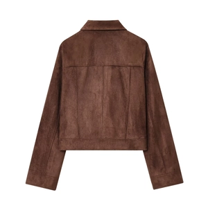 Back view of a trendy brown suede jacket with a stylish cropped fit and smooth texture