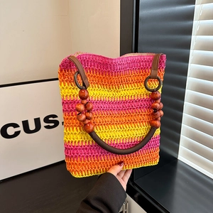 Women Straw Woven Tote Bag With Wood Beads Handle Rainbow Stripe Gradient Summer Beach Vacation Holiday Shoulder Bag
