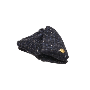 Elegant navy blue tweed hair clip with gold sequins and engraved metal tag detail