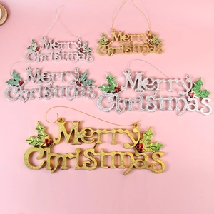Merry Christmas Hanging Sign Lettering PVC Plastic Ornament With Holly Leaves And Red Berries Home Party Decor