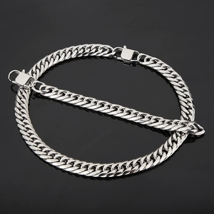 Sleek silver stainless steel Cuban link chain necklace and bracelet set for men