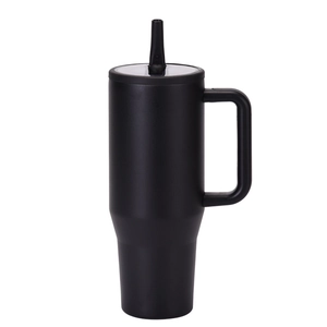 Close-up of a matte black 40oz insulated tumbler featuring an ergonomic handle and straw