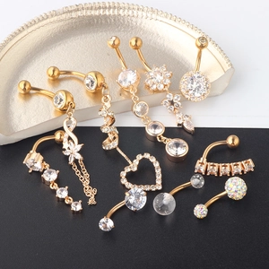 Golden belly button ring set with zircon heart and flower pendants 10-piece collection