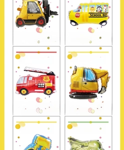Detailed packaging of assorted construction vehicle foil balloons for kids party favors