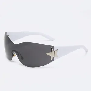 Trendy Retro Rimless Shield Sunglasses One Piece Lens Fashion Eyewear With Metal Star Decor UV Protection
