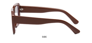 Side view of trendy brown square thick frame sunglasses showing wide temples