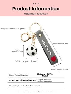 Detailed size specifications for soccer keychain with dimensions and 27.4g weight info