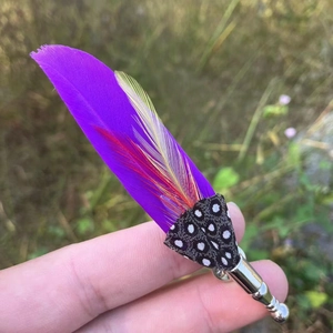 Detailed close-up of colorful peacock feather brooch with polka dot fabric and copper pin