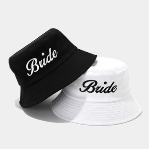 Black and white canvas bucket hats with Bride embroidery for bridal parties and weddings