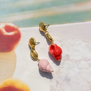 Elegant 18K gold stainless steel earrings with pink ceramic seashell pendants