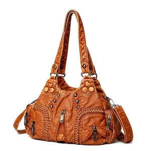 Vintage brown PU leather tote bag with rivet accents and woven texture details