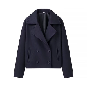 Classic navy blue double-breasted short wool coat with lapel collar and side pockets