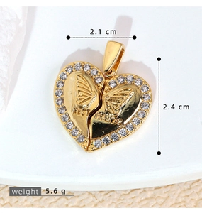 Detail view of heart-shaped Best Friends pendant with pavé crystals and dimensions