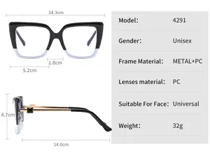Detailed size chart for cat eye glasses featuring precise dimensions of frame and temples