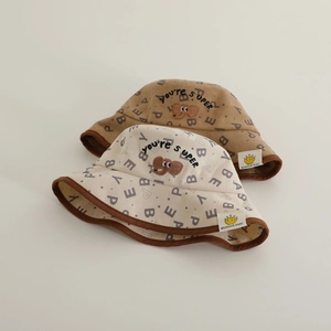 Chapeau bob en velours côtelé pour bébé avec imprimé lettres et broderie ours