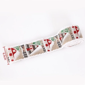 Ruban de Noël 6,5cm avec motifs de maisons et bords en fausse fourrure blanche sur lin