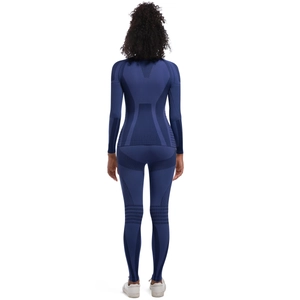 Deep blue seamless yoga set showing breathable mesh and ribbed textures on the back