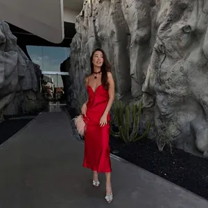 Elegant red silk satin midi dress with sleeveless V-neck and thin straps for women