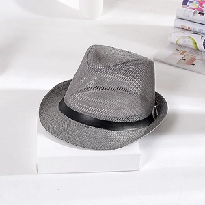 Detail of grey mesh sun hat with breathable fabric and black leather band with buckle