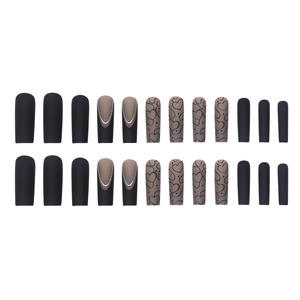 Matte black and mocha long square press on nails with French tips and heart patterns