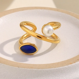 Vintage Asymmetric Open Ring Stainless Steel 18K Gold Plated With Imitation Artificial Pearl And Blue Stone For Women