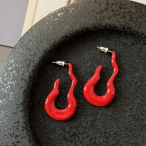 Modern minimalist bright red wavy flame drop earrings with silver needle posts