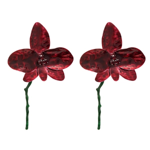 Retro red enamel orchid earrings with green metal stems and hammered metal petals