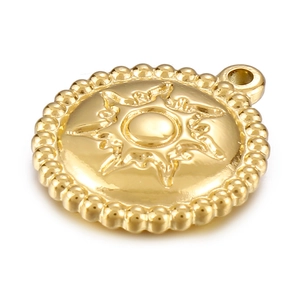 Polished gold stainless steel circular sun pendant necklace with embossed bead border
