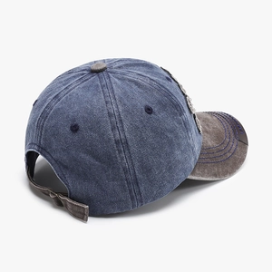 Distressed vintage cotton baseball cap with blue grey patchwork and adjustable buckle