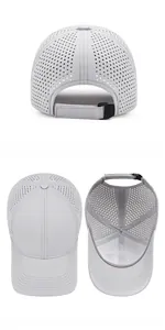 Detail of light grey quick-dry baseball cap showing laser perforations and adjustable strap