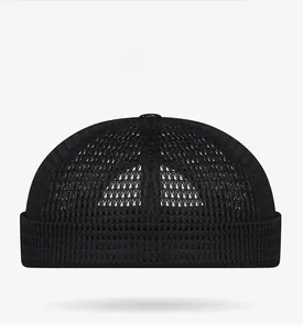 Front view of black mesh docker hat showing breathable hollow-out grid and brimless design