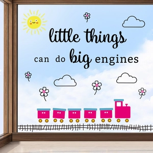 Cartoon train wall decals with sun and motivational quote little things can do big engines